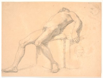 Studie av mannlig, naken, liggende modell. T.h. to portretthoder, ett muligens Constantin Hansen av H.W. Bissen
