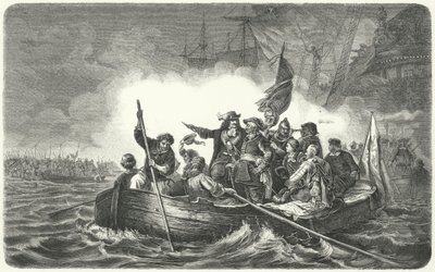 Hæren til Frederick William, kurfyrsten av Brandenburg, lander på den svenske øya Ruegen av H. (after) Kretzschmer