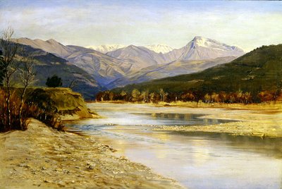 Et fjellrikt innsjølandskap i Bordighera av H. Baynes