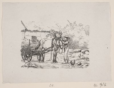En gutt pynter hestens sele med grønne grener av H. C. Henneberg