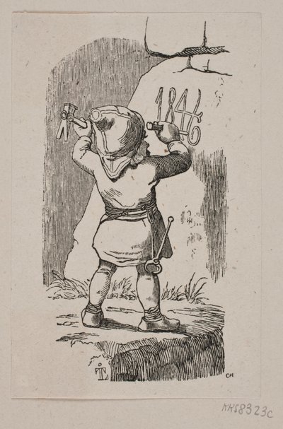 En nisse hugger ut året 1846 i en stein av H. C. Henneberg