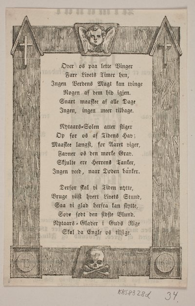 Innramming med englehode, kors og hodeskalle av H. C. Henneberg
