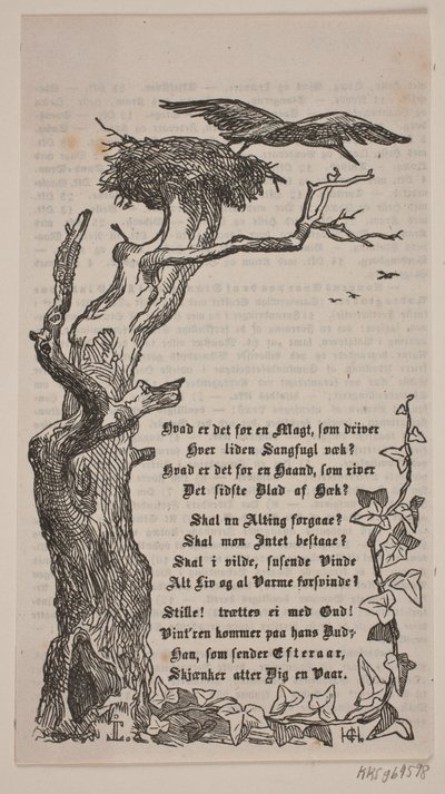 Innramming med storkereir i eik av H. C. Henneberg