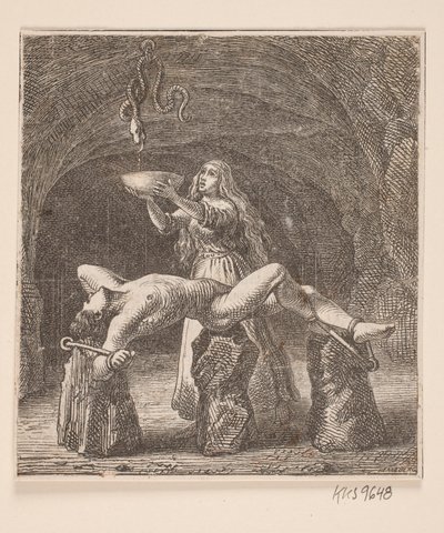 Sigyn holder skålen mellom slangen og Loke av H. C. Henneberg
