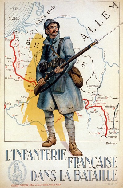 Fransk infanteri i kamp (den røde linjen representerer Hindenburg-linjen) - syk. av H. Delaspre av H. Delaspre