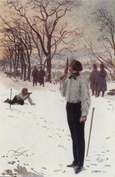 Henri, som sto stille og dekket ansiktet med pistolen sin, ventet (farge litho) av H. Delaspre