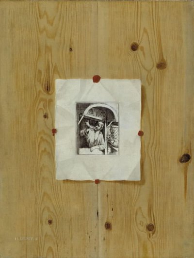 Trompe l'Oeil. Tavle med en etsning av en baker som larmer hornet sitt av H. Drost