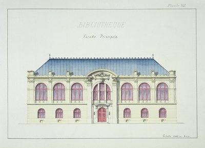 Hovedfasade til et bibliotek, plate XII fra en folio av design, ca. 1870 av H. Monnot