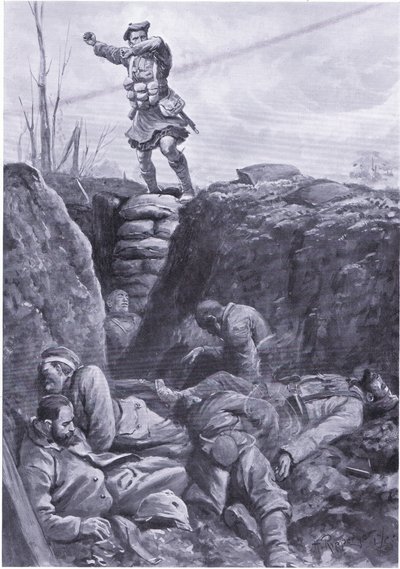 Menig Brown (Gordon Highlander) bomber fienden i en tysk skyttergrav fra toppen av en barrikade. (litho) av H. Ripperger