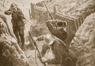 Menig J. Hutchinson skyter to tyske vaktposter da han ledet et angrep på en tysk skyttergrav av H. Ripperger
