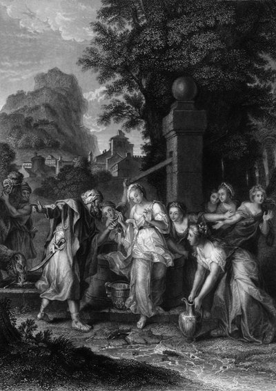 Møtet mellom Eliezer og Rebecca ved brønnen, 1800-tallet. av H. Robinson