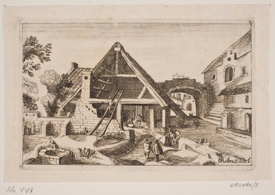 Byinteriør med låve og Jesu fødsel av H. Rosenkilde