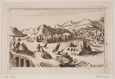 Kupert kystlandskap med orientalske bygninger av H. Rosenkilde
