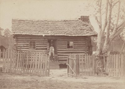 Albumtrykk av en kvinne og to barn foran et tømmerhus i Georgia, 1880-tallet. av H. S. Clark