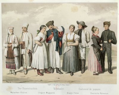 Kostymer til bønder fra (L til R) Romania, Ungarn, Slovakia og Tyskland, fra 'Esquisses de la Vie Populaire en Hongriche' av Gabriel de Pronay, 1855 av H. Veber
