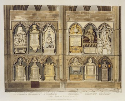 West Side of Poets Corner, plate 24 fra Westminster Abbey, gravert av puben J. Bluck (fl.1791-1831). av Rudolph Ackermann (1764-1834) 1811 (akvatint) av H. Villiers