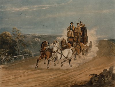 The Post Coach behind Time (farget gravering) av H. Walker