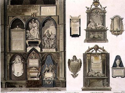 West Side of Poets Corner, plate 25 fra Westminster Abbey, gravert av puben J. Bluck (fl.1791-1831). av Rudolph Ackermann (1764-1834) 1811 (akvatint) av H. after Villiers