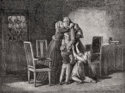 Kongefamiliens siste farvel, 20. januar 1793, gravert av Carbonneau, fra 