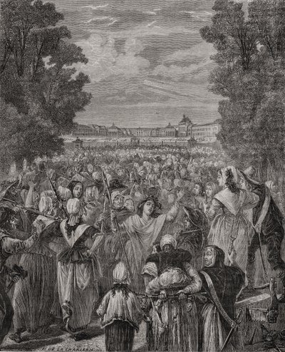 Kvinnene marsjerer mot Versailles, 5.-6. oktober 1789, gravert av Pannemaker-Ligny, fra 'Histoire de la Revolution Francaise' av Louis Blanc (1811-82) av H. de la Charlerie