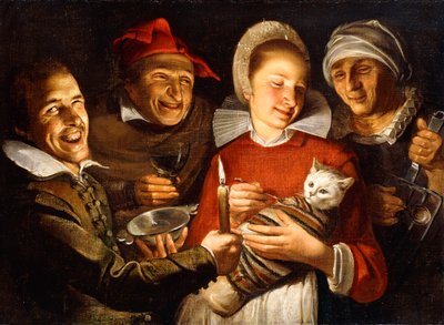 Et nederlandsk ordtak - En kvinne som mater en bundet katt, omgitt av menn, av Haarlem School