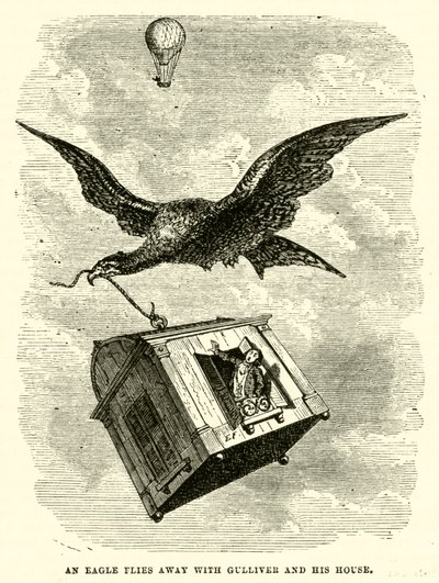 En ørn flyr bort med Gulliver og huset hans (gravering) av after Hablot Knight Browne