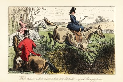 Engelsk huntswoman hopper sidesal over et gjerde av after Hablot Knight Browne