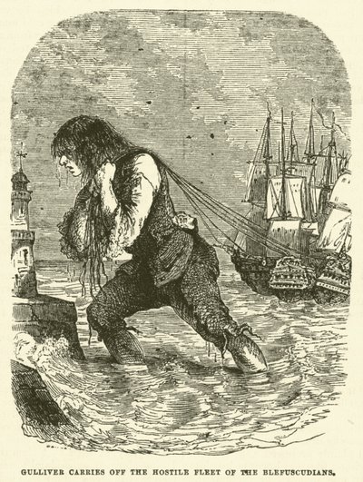 Gulliver frakter den fiendtlige flåten til Blefuscudians (gravering) av after Hablot Knight Browne