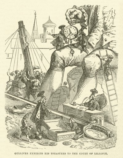 Gulliver stiller ut skattene sine til hoffet i Lilliput (gravering) av after Hablot Knight Browne