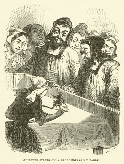 Gulliver stivere på et Brobdingnagian-bord (gravering) av after Hablot Knight Browne
