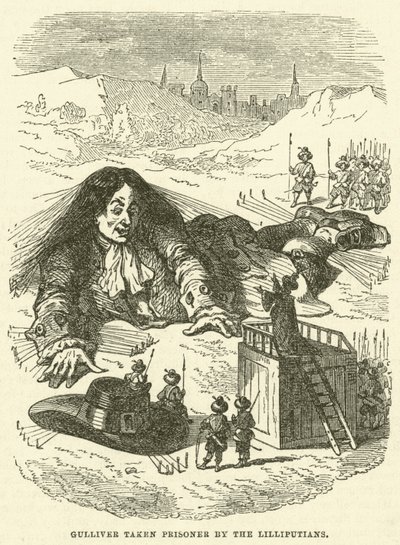 Gulliver tatt til fange av Lilliputians (gravering) av after Hablot Knight Browne