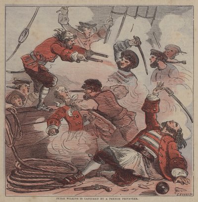 Peter Wilkins blir tatt til fange av en fransk kaper (farge litho) av after Hablot Knight Browne