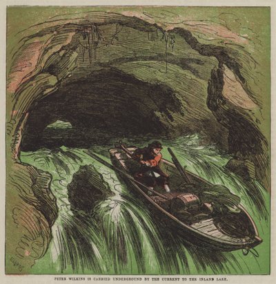 Peter Wilkins blir ført under jorden av strømmen til innsjøen (farge litho) av after Hablot Knight Browne