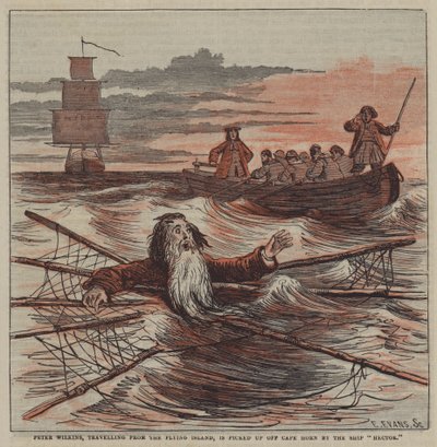Peter Wilkins, som reiser fra Flying Island, blir plukket opp utenfor Kapp Horn av skipet "Hector" (farge litho) av after Hablot Knight Browne