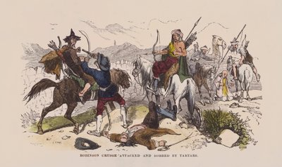 Robinson Crusoe angrepet og ranet av tartarer (farget gravering) av after Hablot Knight Browne