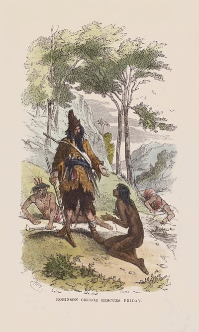 Robinson redder fredag (farget gravering) av after Hablot Knight Browne