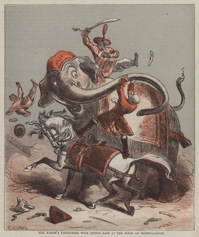 Baronens møte med Tippoo Saib ved beleiringen av Seringapatam (farge litho) av after Hablot Knight Browne