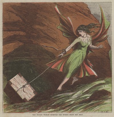 Den flygende kvinnen fjerner lagrene fra skipet (farge litho) av after Hablot Knight Browne