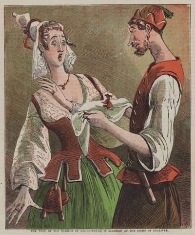 Kona til bonden på Brobdingnag blir skremt ved synet av Gulliver (farge litho) av after Hablot Knight Browne