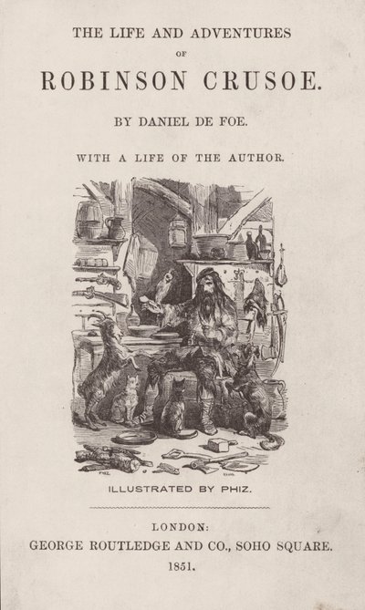 Tittelside for The Life and Adventures of Robinson Crusoe (farget gravering) av after Hablot Knight Browne