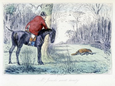 Hestejaktscene. Engelsk tegneserie om revejakt fra "" Adventures of Thomas Scott or Hawbuck Grange"" illustrasjon av H.K. Browne og W.T. Maud. av Hablot Knight Browne