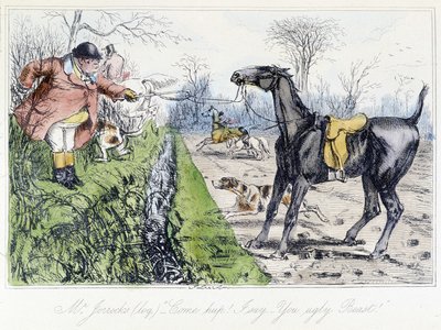 Hestejaktscene. Engelsk tegneserie om revejakt fra ""-eventyrene til Thomas Scott eller Hawbuck Grange", illustrasjon av H.K. Browne og W.T. Maud. av Hablot Knight Browne