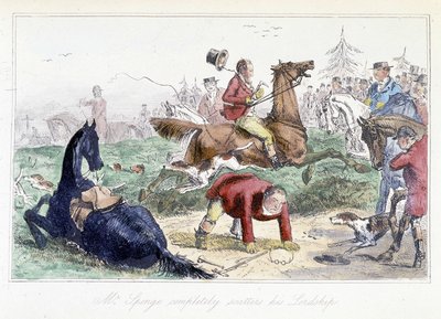 Hunter faller fra hesten sin. Engelsk tegneserie fra eventyrene til Thomas Scott eller Hawbuck Grange”, illustrasjon av H.K. Browne og W.T. Maud. av Hablot Knight Browne