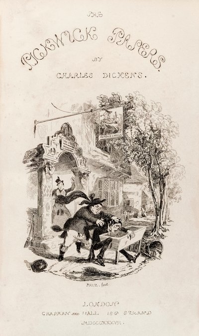 Tittelside fra 'The Posthumous Papers of the Pickwick Club', utgitt i bokform i 1837 av Hablot Knight Browne