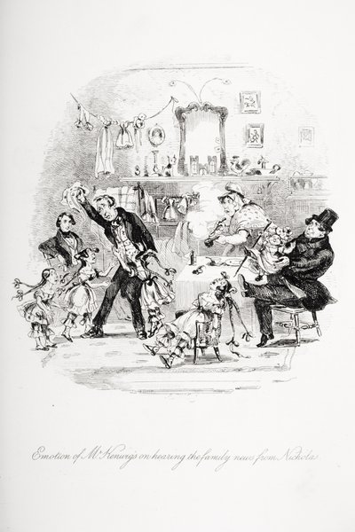 Emotion of Mr. Kenwigs på å høre familienyhetene fra Nicholas, illustrasjon fra `Nicholas Nickleby