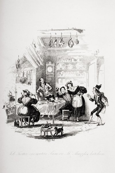 Job Trotter møter Sam i Mr. Muzzles kjøkken, illustrasjon fra `The Pickwick Papers