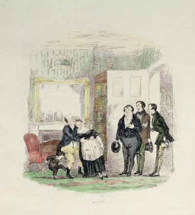 Mr Pickwick blir funnet av vennene sine med fru Bardell i armene, illustrasjon fra 