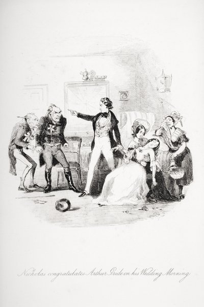 Nicholas gratulerer Arthur Gride med bryllupsmorgenen, illustrasjon fra `Nicholas Nickleby