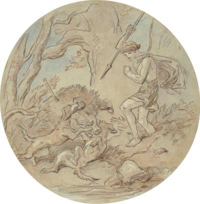 En av atten design for en serie plater som illustrerer Venus og Adonis av Hablot Knight Browne