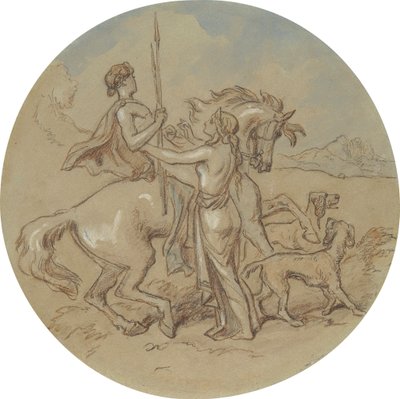 En av atten design for en serie plater som illustrerer Venus og Adonis av Hablot Knight Browne